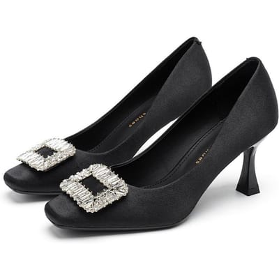 Schoenen met vierkante neus, stilettohak en strass vierkante gesp, damesschoenen in Koreaanse stijl met lage uitsnijding van zijde en satijn, effen kleur, pendelen, hoge hakken 40