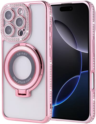Hoesje Geschikt voor iPhone 16 Pro Max Magsafe hoesje Rose Goud - Lens beschermer ring Luxury Bling Sparkly Diamond backcover