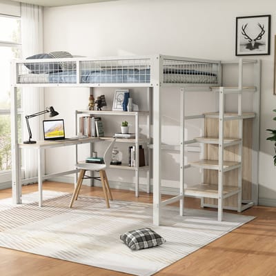 DESMIU Hoogslaper 140x200cm – Multifunctionele Slaap En Werkplek – Bed Met Bureau, Legplanken En Kledingkast – Jeugdkamer En Slaapkamer – Metaal En MDF – Wit – Zonder Matras