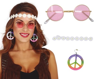 Fiestas Guirca Verkleed accessoire set Hippie - Carnavalskleding - 3-delig - hoofdband/bril/oorbellen