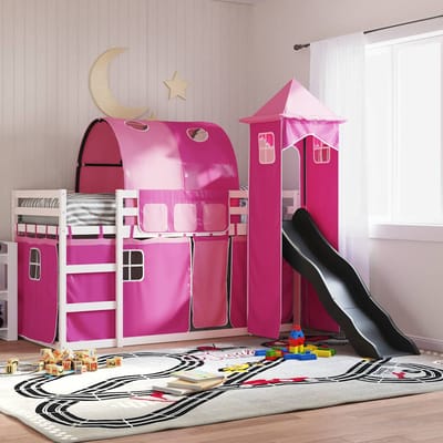 vidaXL - Stapelbed - met - glijbaan - en - gordijnen - roze - 90x200 - cm
