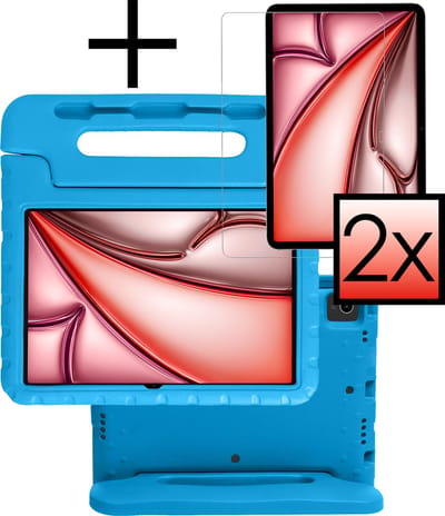Hoes - Geschikt voor Apple iPad Air (2024/2025/2026) - 11 inch - Met 2x Screenprotector - Kinderhoes Shockproof Bumper - Kidsproof Case - Tablet Hoesje - Kinder Cover - Blauw