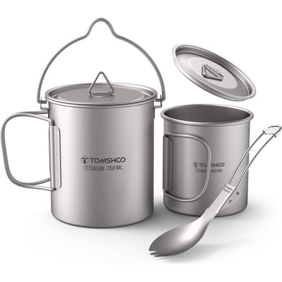 TOMSHOO ensemble de 3 pièces en titane léger Pot de 750 ml tasse à eau de 350 ml avec couvercle 750ML Pot & 420ML Cup & Spork gray