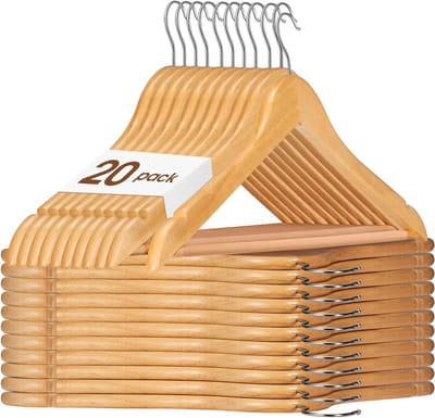 Famanu - Set van 20 houten kledinghangers met antislip schouderuitsparing – Houtkleur