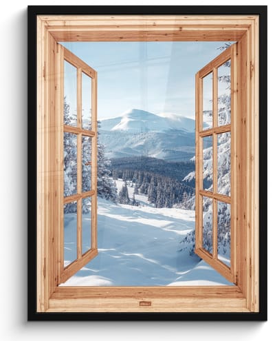 Poster in lijst - Fotolijst 50x70 cm - Posters - Doorkijk - Winterlandschap - Natuur - Berg - Bomen - Hout - Posterlijst zwart - Decoratie - Wanddecoratie woonkamer - Muurdecoratie slaapkamer