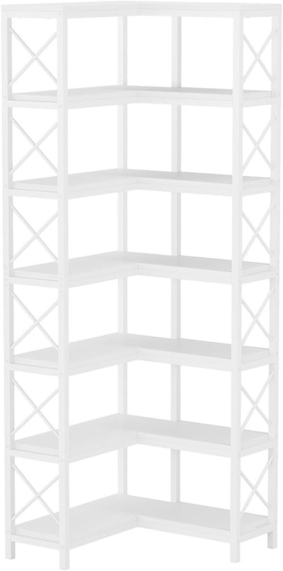 Pugsdrly Boekenkast, hoge boekenkast, grote industriële hoekrek, hoekrek op de vloer, opbergrek met metalen frame voor woonkamer, huis, kantoor (7 planken - wit)