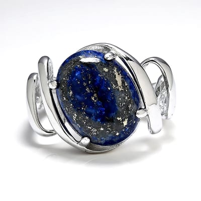 Cavill - 925 Sterling Zilveren Ring met 6,25 ct Lapis Lazuli Ovaal Cabochon - Gerhodineerd - Verstelbare, Handgemaakte Blauw Edelsieraad voor Dames