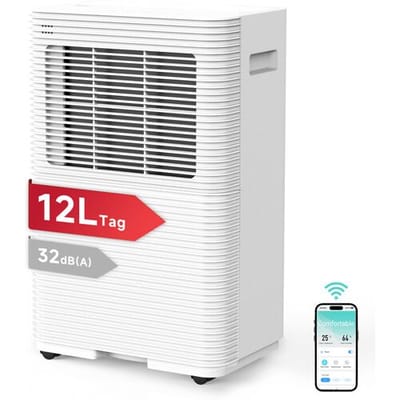 VINO 12 L slimme luchtontvochtiger, WiFi-bediening, R290, 3 modi (auto/droog/slaap), energiezuinig, 1,8 L watertank, DC-motor, 32 dB stil, meervoudige