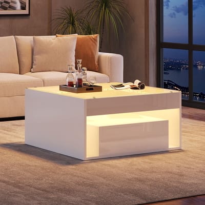Wishdor - Salontafel - 2 Lades En Ledverlichting - Modern - Woonkamer - MDF En Gehard Glas - Wit - 70 x 70 x 35 cm
