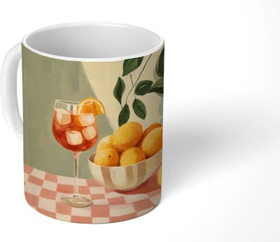 Mok - Koffiemok - Citroenen - Glas - Tafelkleed - Geblokt - Mokken - 350 ML - Beker - Koffiemokken - Theemok