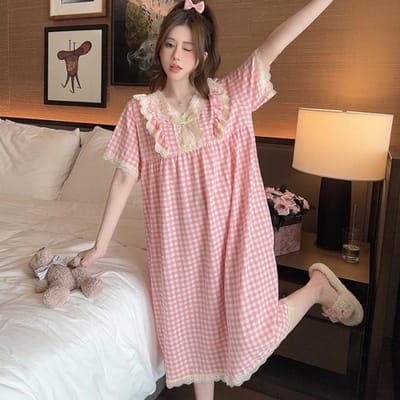 Geruit Kersenprint Nachthemd Nachtkleding Dames Koreaanse Stijl Ruches Nachtjurk Pyjama's Zomer Korte Mouw Huiskleding Nieuw Binnen 4XL brown