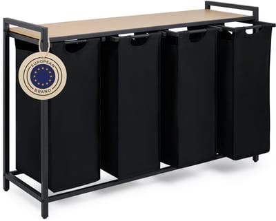 Blumtal Wasmand met 4 vakken - Wasmand met bamboe plank - Metalen frame - Wasmand met poten - Zwart