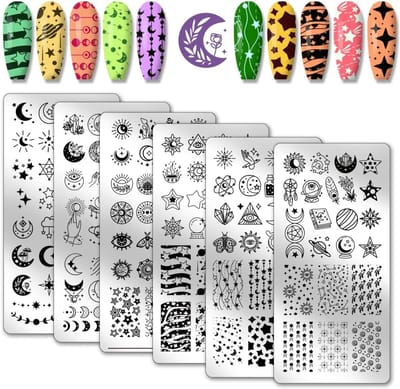 6Pcs Nail Stamp Plates Set - Sun Moon - Nail Art Stamping Plate - Star Nail Art Stencils - Stainless Steel Nail Image Plates - Voor Vrouwen - DIY Printing - Nail Salon Design Gift - 12x6cm