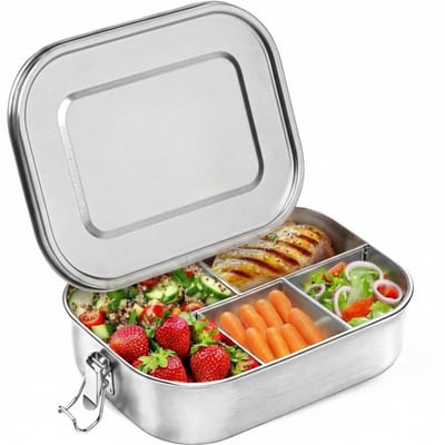 Famanu – Bento Box - Roestvrijstalen lunchbox voor volwassenen - 1,4 L - Snackbak met 5 vakken + verwijderbare siliconen afdichting + veilige vergrendelingsclip
