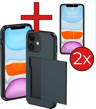 Hoesje Geschikt voor iPhone 11 Hoesje Met Pasjeshouder Hard Case Met Kaarthouder Met 2x Screenprotector - Hoes Geschikt voor iPhone 11 Hoesje Pashouder Case - Donkerblauw