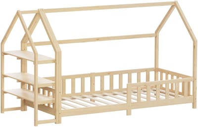Kinderbed Huisbed 90x200 cm van natuurlijk dennenhout met uitvalbeschermend schapdak en lattenbodem houten bed ML-Design