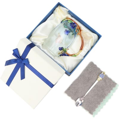 Glazen Kop Innovatieve Bloemen Thee Kop met Lepel Drink Mok Verjaardag Kerst Feestelijke Cadeaus Blauwe Roos white