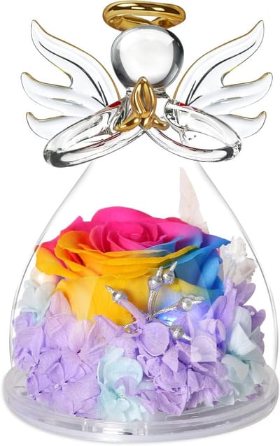 Glazen Engel Roos - Bewaren Bloem - Decoratie Cadeau - Met Verlichting - 11x8 cm - Regenboog
