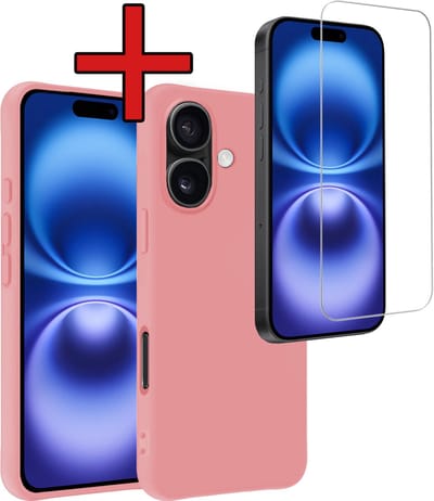 Hoesje - Met Screenprotector - Geschikt voor Apple iPhone 16 - Sterk & Shockproof - Telefoon Hoes - Back Cover - Siliconen Case - Telefoonhoes - Lichtroze