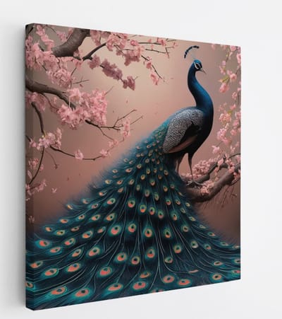 Saammp Canvas Schilderij - Pauw tussen de roze bloesem - Dieren - Natuur - 20x20 - Foto op canvas - Wanddecoratie - muurdecoratie Woonkamer - Slaapkamer decoratie - Canvas Print