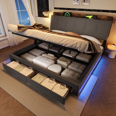 REDOM - Gestoffeerd Bed - Opbergruimte En USB-C-Laadpoorten - Met LED-Verlichting - Voor Slaapkamer - Linnen - Grijs - 180 X 200 Cm