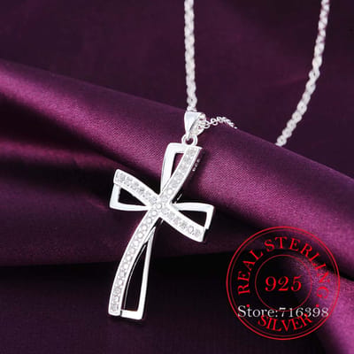 925 Sterling Zilver Fijne Sieraden Kristal Latijns Kruis Ketting Hanger Kettingen voor Vrouwen Zilveren Huwelijksfeest Sieraden Cadeau 45cm pink