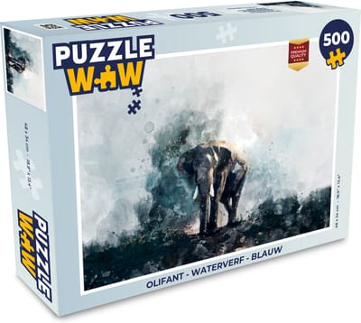 Puzzel Olifant - Waterverf - Blauw - Legpuzzel - Puzzel 500 stukjes