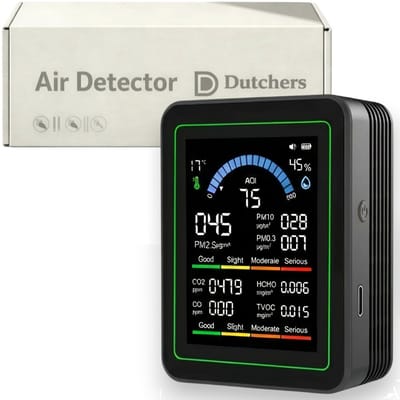 Dutchers® 5 in 1 Fijnstofmeter Voor binnenshuis - Alles in 1 meter - USB oplaadbaar - Co2-meter, Luchtkwaliteitsmeter, Luchtvochtigheidsmeter, Temperatuurmeter, Koolstofmeter en meer!