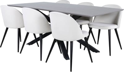 PiazzaGRBL eethoek eetkamertafel grijs en 6 Velvet eetkamerstal fluweel beige, zwart.