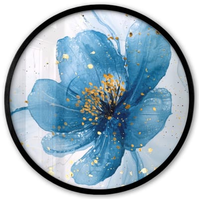 Poster in lijst Rond - Fotolijst 40x40 cm - Posters - Bloemen - Blauw - Goud - Watercolor - Modern - Ronde posterlijst zwart - Decoratie - Wanddecoratie woonkamer - Muurdecoratie slaapkamer
