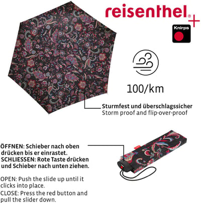 Reisenthel Umbrella Pocket Mini Opvouwbare Mini Paraplu - ø 97 cm - Paisley Zwart