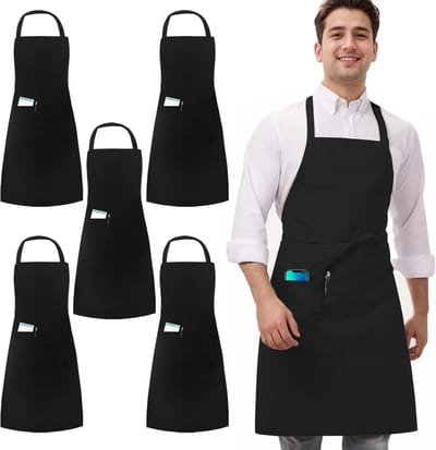 Zwarte en witte schorten voor chef-koks en serveersters, 5-pack met zakken voor professioneel gebruik