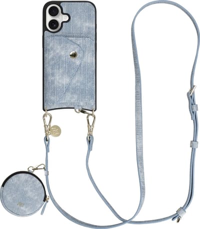 AVY Hoesje geschikt voor Apple iPhone 17 | Met Koord, Wallet en Pouch | Compatibel met MagSafe | Kunstleren Case met 130CM Koord | Long Denim | Denim
