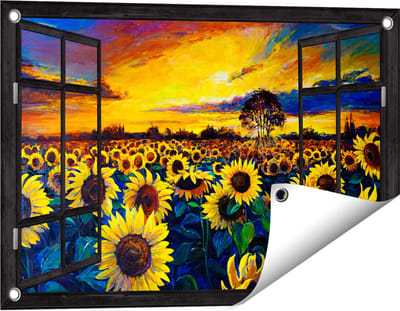 Gards Tuinposter Doorkijk Getekende Zonnebloemen Veld met Olieverf - 60x40 cm - Tuindoek - Tuindecoratie - Wanddecoratie buiten - Tuinschilderij