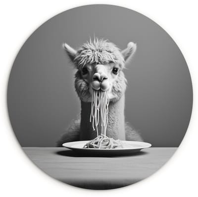 WallCircle® Wandcirkel 120x120 cm - Muurcirkel Alpaca - Pasta - Zwart - Wit - Grappig - Dieren - Muurdecoratie woonkamer - Wanddecoratie slaapkamer - Kamer decoratie accessoires - Ronde schilderijen XXL