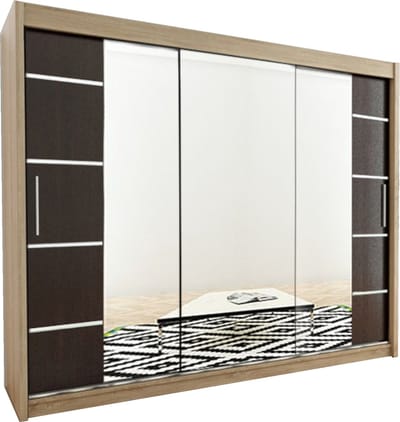 InspireMe - Kledingkast met 3 schuifdeuren, Modern-stijl, Kledingkast met planken (BxHxD): 250x200x62 - VENTILA IV 250 Sonoma Eik + Zwart Mat