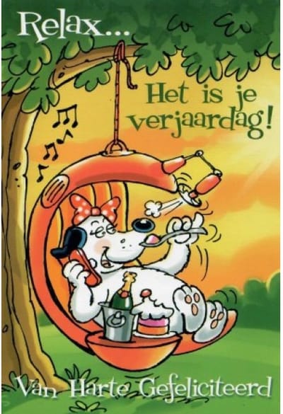 Relax… Het is je verjaardag! Gefeliciteerd! Een ontspannen moment waarbij je in de hangmat kan liggen met een taartje en een drankje! Leuk om zo te geven of om bij een cadeau te voegen. Een dubbele wenskaart inclusief envelop en in folie verpakt.