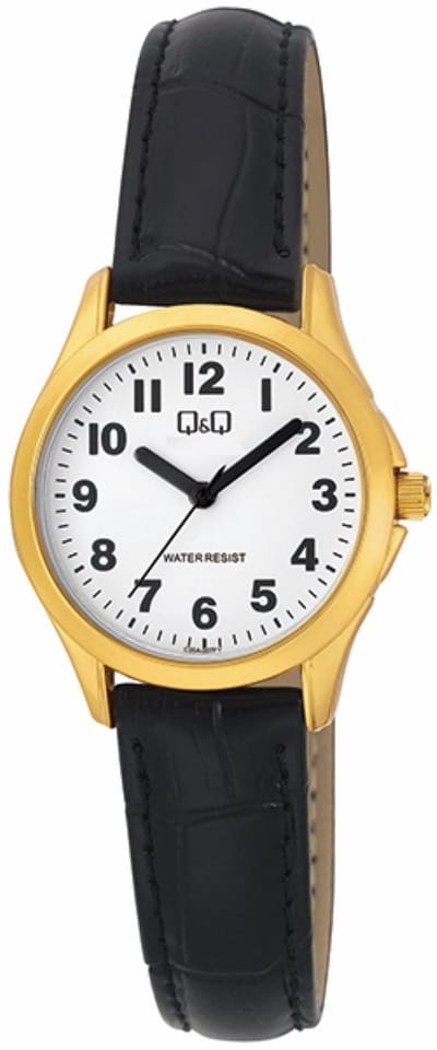 Q&Q C05A-007PY - Horloge - Vrouwen - Dames - Leren band - Rond - Staal - Zwart - Goudkleurig