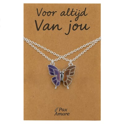 Koppel Ketting voor 2 'Voor altijd van jou' - Vlinder VERANDERT VAN KLEUR - Vriendschapsketting op Cadeau Kaartje - 45cm + 5cm verstelbaar - Zilverkleurig - Persoonlijke Hanger - Pax Amare