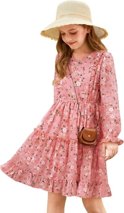 Meisjes Chiffon Jurk met Bloemenprint en Lange Mouwen - A-lijn Swing Jurk 6-14 Jaar