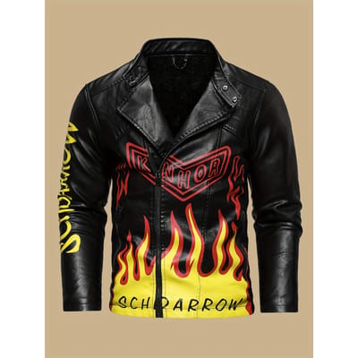 Veste en cuir PU pour homme avec imprimé tête de mort et flammes - Veste de moto cool et élégante de style urbain - Cuir PU - pour homme M noir