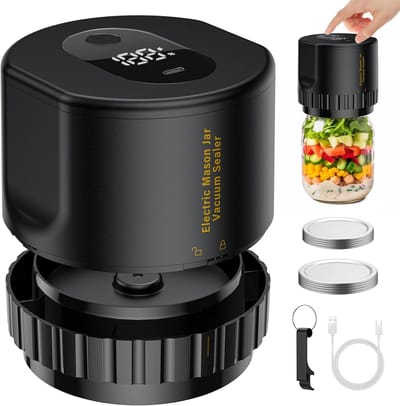 Elektrische vacuümsealer voor Mason Jars — Vacuümsealer - vacuum sealer - Vacumeermachine — Compatibel met potten met brede en normale opening — Inclusief 10 deksels — 2000 mAh — ABS — Zwart