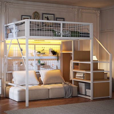 YEHTOKHOME Hoogslaper - 140 x 200 cm - Metalen bed - APP-Control LED-verlichting - Opbergruimte - Open kledingkast - Reling - Wit - Zonder matras