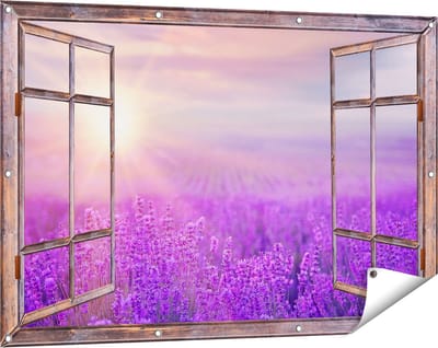 Gards Tuinposter Doorkijk Bloemenveld met Paarse Lavendel - 120x80 cm - Tuindoek - Tuindecoratie - Wanddecoratie buiten - Tuinschilderij