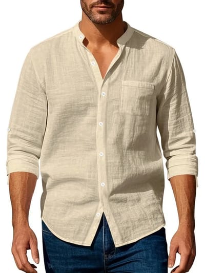 Livano Linnen Blouse Heren - t shirt - Polo - Overhemd - Shirt - Zomer - Ibiza Stijl - Khaki - Maat L