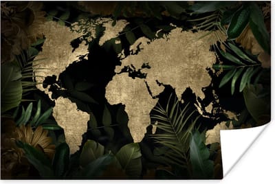 Poster 30x20 cm - Wereldkaart - Vintage - Tropische Planten - Posters - Kamer decoratie - Wanddecoratie woonkamer - Muurdecoratie slaapkamer
