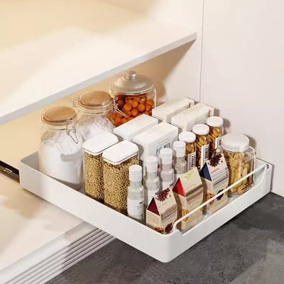 Schuiflade keukenkast - Keukenlade Kast Organizer，Uitschuifbare keukenlade, mand voor keukenkast, telescopische keukenlade zonder boren, wit, 43 x 35 x 7 cm