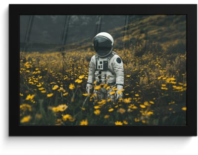 Poster in lijst - Fotolijst 30x20 cm - Posters - Astronaut - Bloemen - Veld - Geel - Posterlijst zwart - Decoratie - Wanddecoratie woonkamer - Muurdecoratie slaapkamer