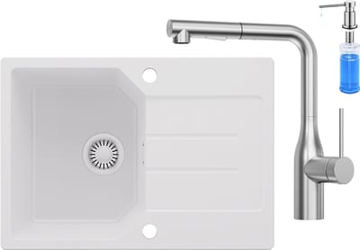 Anycee MAX Spoelbak Keuken Wit - Granieten Spoelbak 65x45CM - Spoelbakken Keuken Met Keukenmengkraan en Zeepdispenser - Spoelbakken Met Afdruip - Opbouw Spoelbak