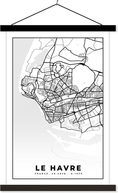 Posterhanger incl. Poster 40x60 cm - Schoolplaat - Stadskaart - Frankrijk - Le Havre - Kaart - Plattegrond - Zwart wit - Textielposter - Zwarte latten - Stadskaart